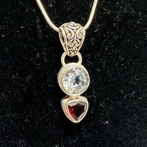 SARDA Sterling Silver Blue Topaz Garnet Filigree Bali Scroll Pendant Necklace